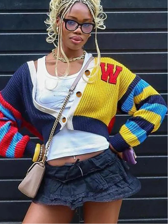 Y2K Cardigan Sweater Women Letter Print Colorful Patchwork