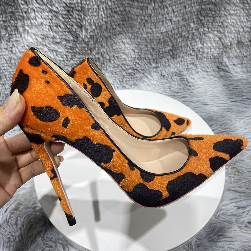 Orange Cow Print Hairy Flock High Heel Shoes 8cm 10cm 12cm