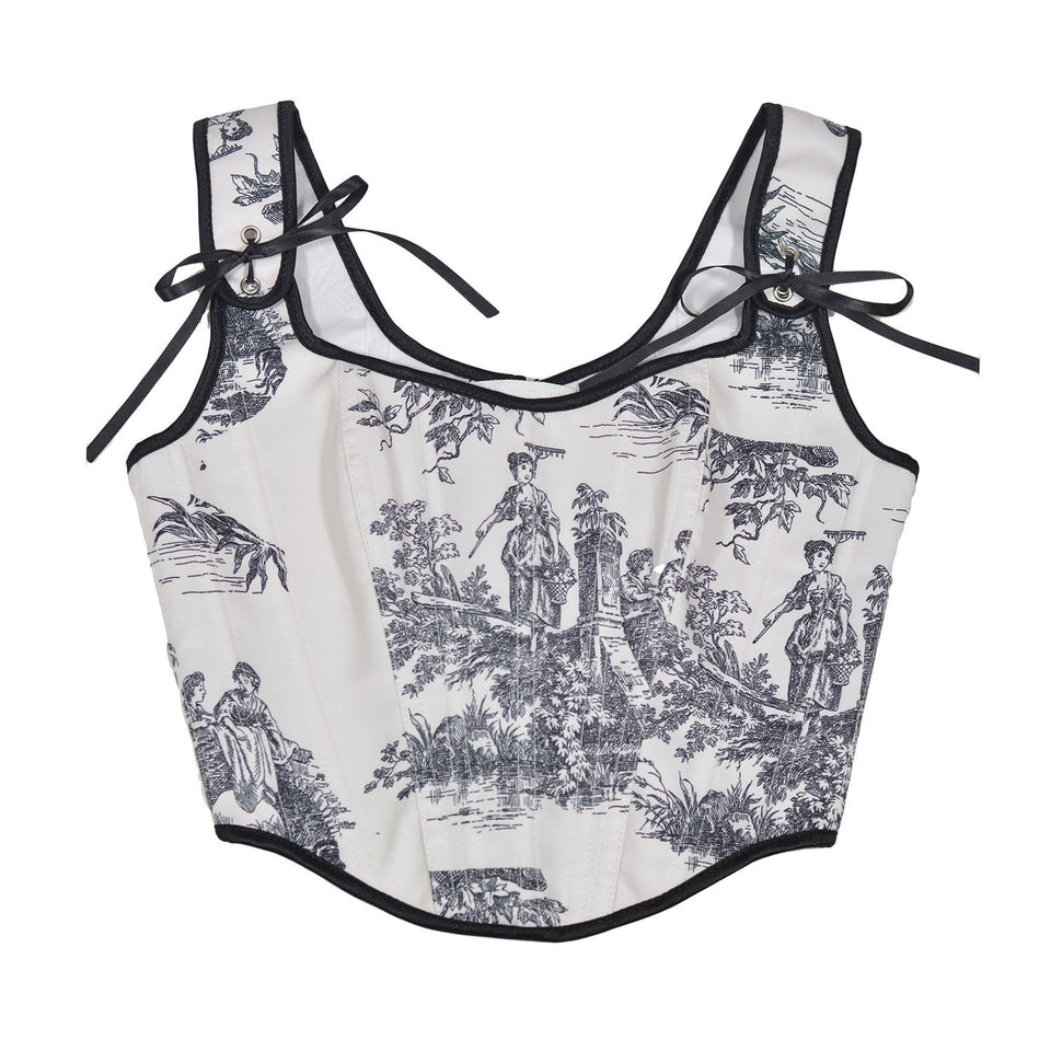 Ink printing fishbone front hook buckle tights corner jacket European and American outerwear French style rear straps