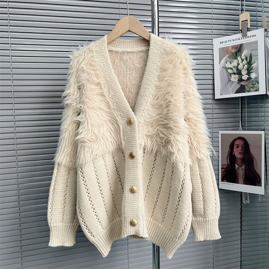 Winter Loose Fake Mink Fleece Patchwork Knitting Long Sleeve