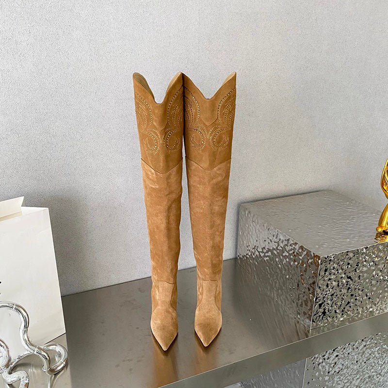 Knee Boots Suede real Leather Pointed Toe Embroidery Long Boots