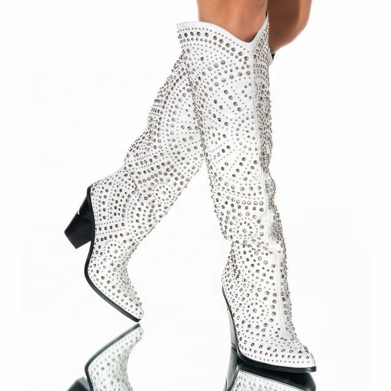 Cowboy Boot Studded Pointy Toe Block Heel Knee High Crystal Handmade Boots
