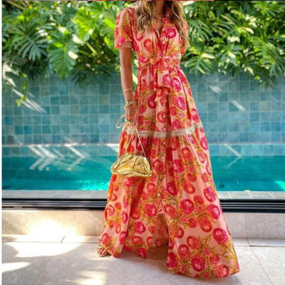 Short Sleeve Bohemian Long Printed Dress Red MUST HAVE