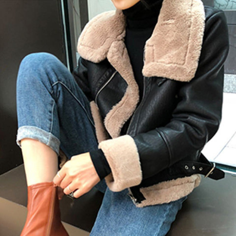 Traje de motocicleta de cuero PU grueso de terciopelo piel de oveja