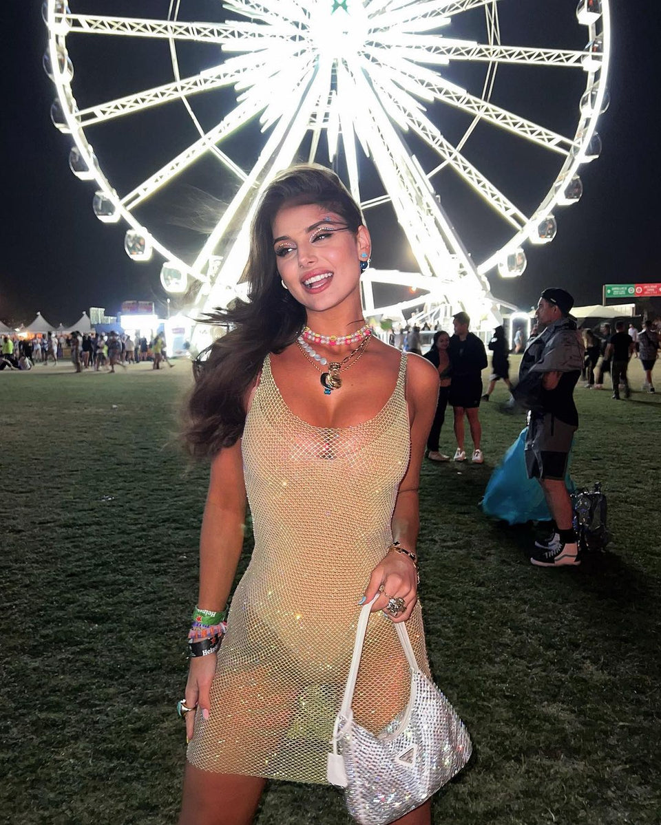 Mini vestido de malla con purpurina para mujer